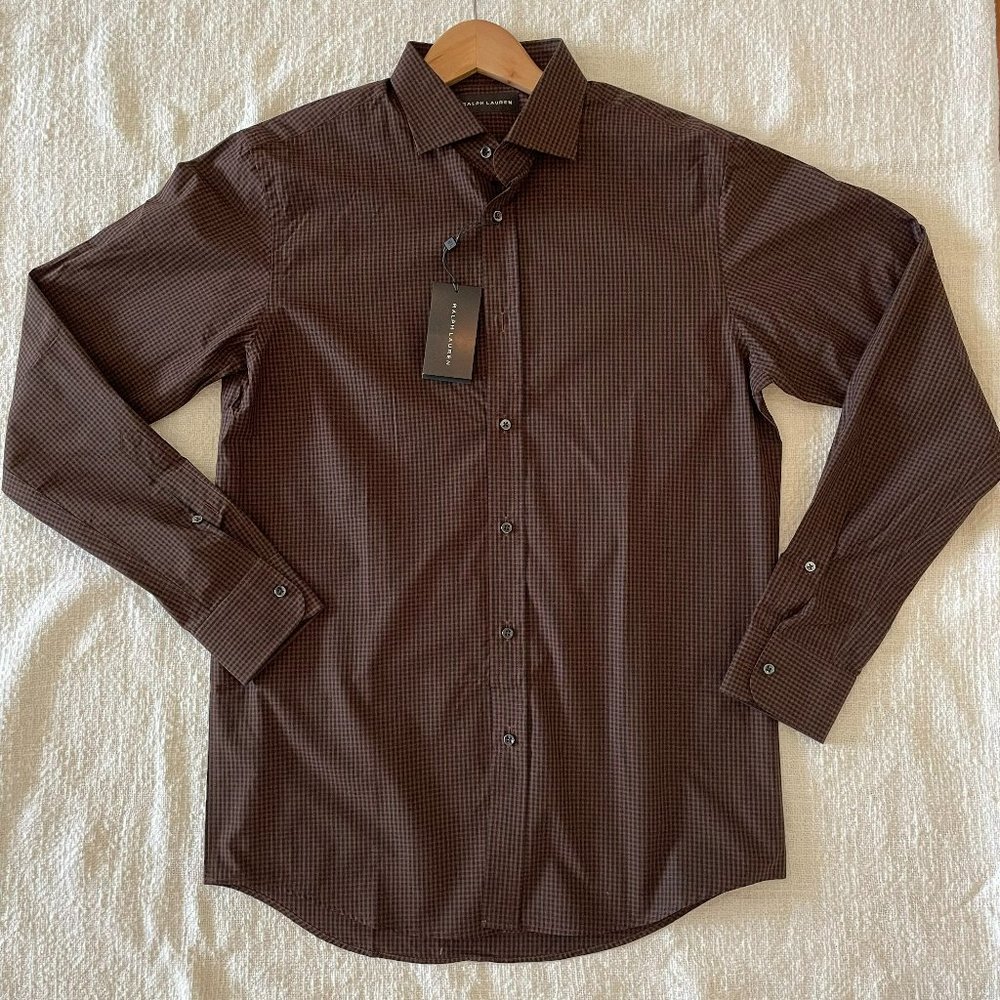 Men's Ralph Lauren Long Sleeve Button Down Checked Dress Shirt Brown - Medium